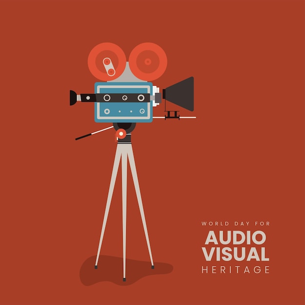 Vintage camera met statiefontwerp voor werelddag voor audiovisueel erfgoed op oranje achtergrond