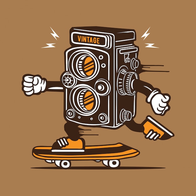 Vintage camera skater skateboard character