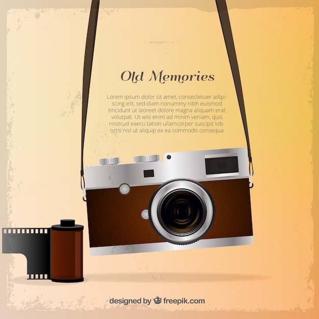 Vector vintage camera with bobbin background