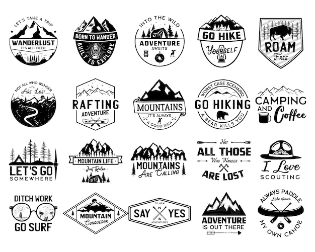 Vintage camp logo bundle, mountain badges set. hand drawn labels designs. travel expedition, canoe, wanderlust and hiking. outdoor emblems. logotypes collection. stock vector isolated on white.