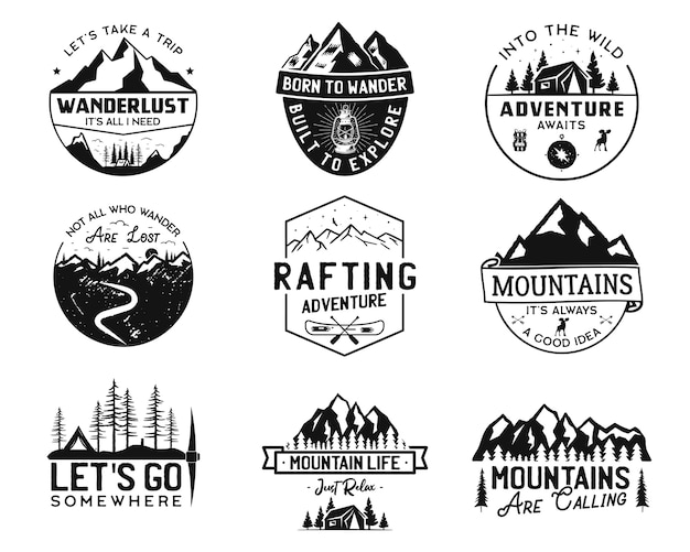 Vector vintage camp logos, mountain badges set.