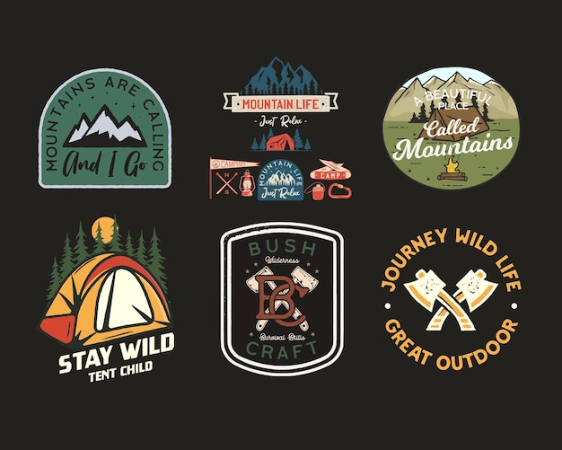 Vector vintage camp patches logos, mountain badges set