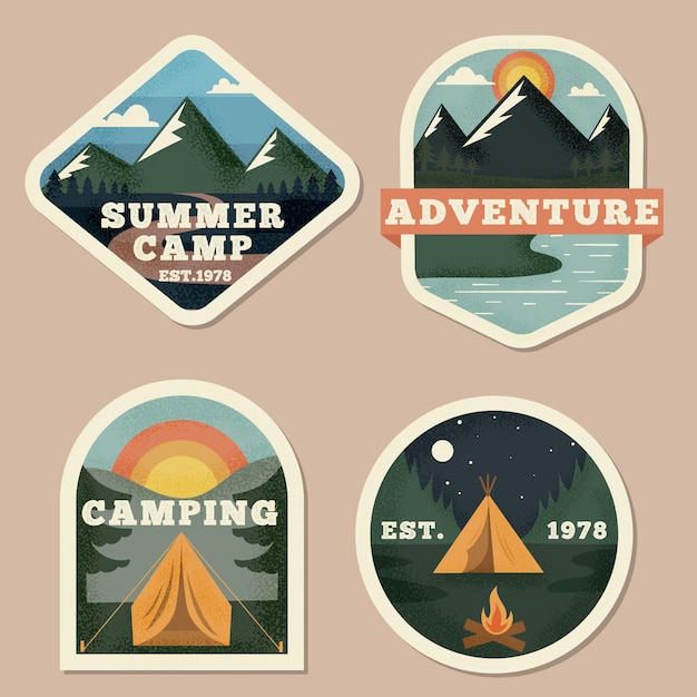 Collezione vintage di badge per campeggio e avventure