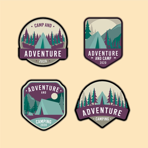 Collezione vintage di badge per campeggio e avventure