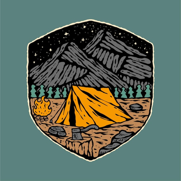 Campeggio d'epoca sullo sfondo dell'illustrazione del concetto di montagna
