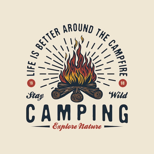 Vector vintage camping bonfire outdoor camp emblem