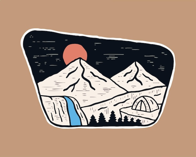 Vintage camping on the cliff of mountain vector patch sticker and t shirt illustration