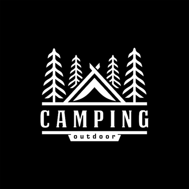 Vintage camping- en outdoor-avontuuremblemen, logo's en badges Kamptent in bos of bergen