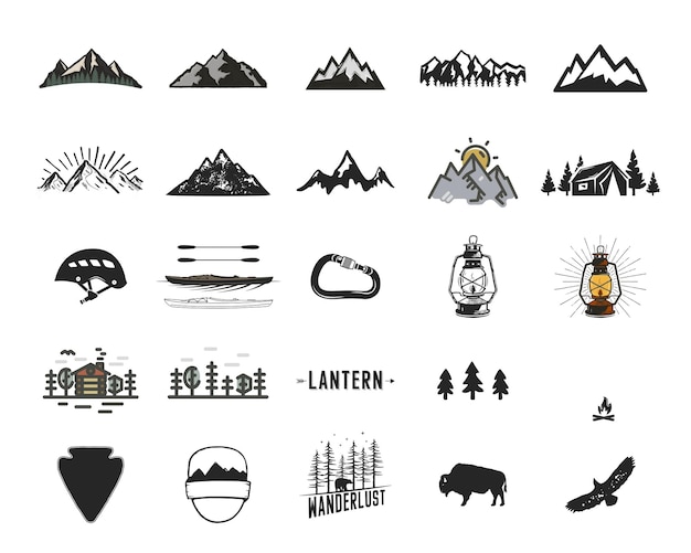 Vintage camping icons and adventure symbols illustrations set. hiking shapes of mountains, trees, wild animals and others. retro monochrome design. can be used for t shirts, prints. stock vector.