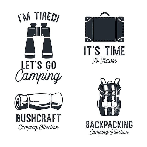 Vintage camping silhouet badges met aanhalingstekens lets go camping reizen monochrome emblemen wandelen logo ontwerpen set voorraad vectorafbeeldingen