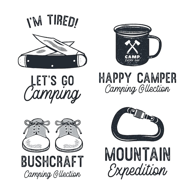 Vintage camping silhouette badges with quotes mountain expedition travel monochrome emblems hiking logo designs set stock vector graphics