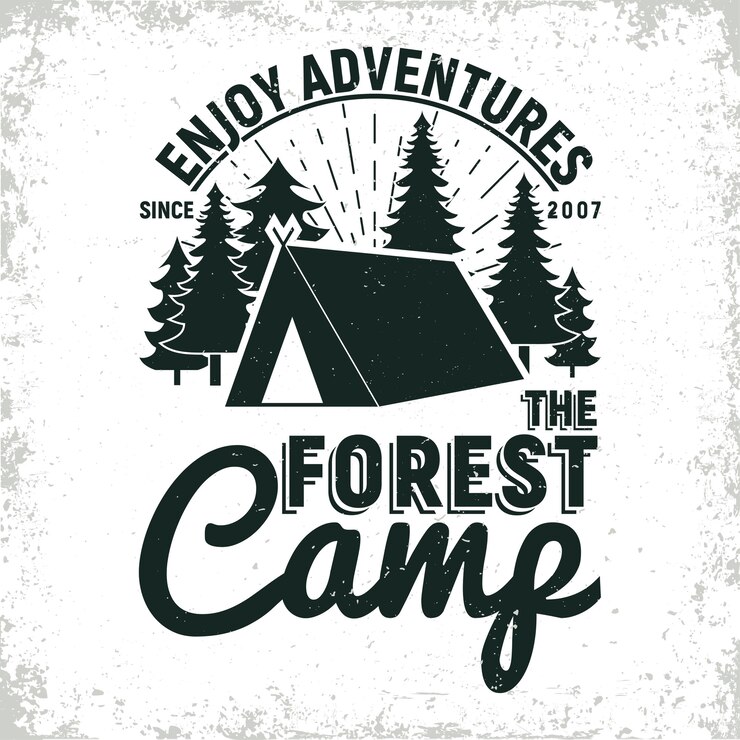Vector vintage camping or tourism logo design,  grange print stamp, creative typography emblem 