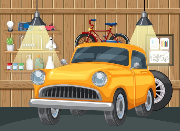 Vintage Car and Bicycle in Garage