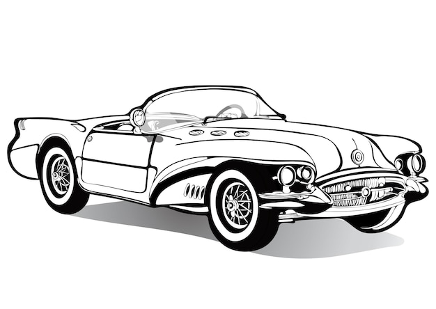 Vintage car cabriolet roofless sketch coloring book black and white drawing monochrome