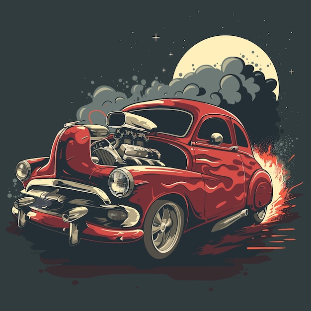 Vintage car on fire with full moon background Vector illustration