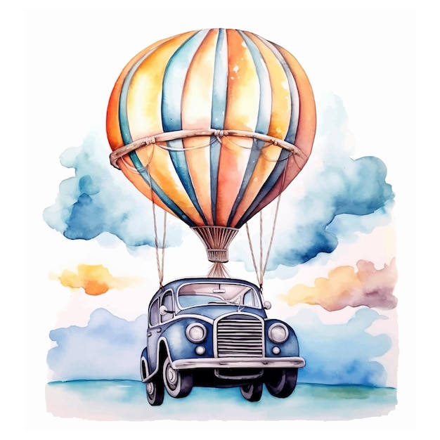 Vintage car flying with a hot air balloon watercolor paint