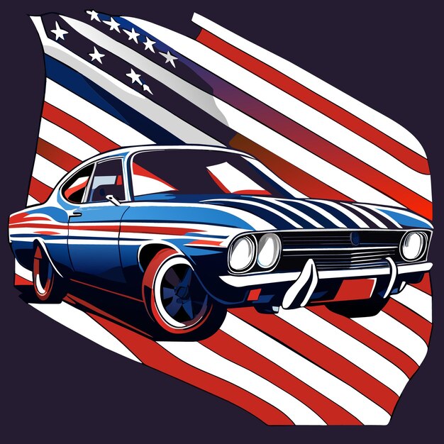 Vector vintage car illustration with flag