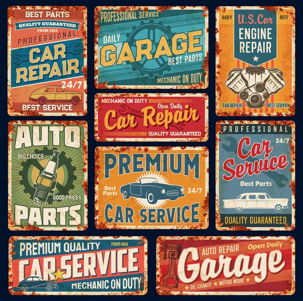 Vintage car repair service and garage rusty plates