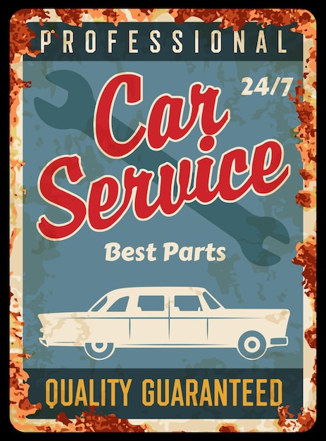Vector vintage car repair service mechanic rusty plate