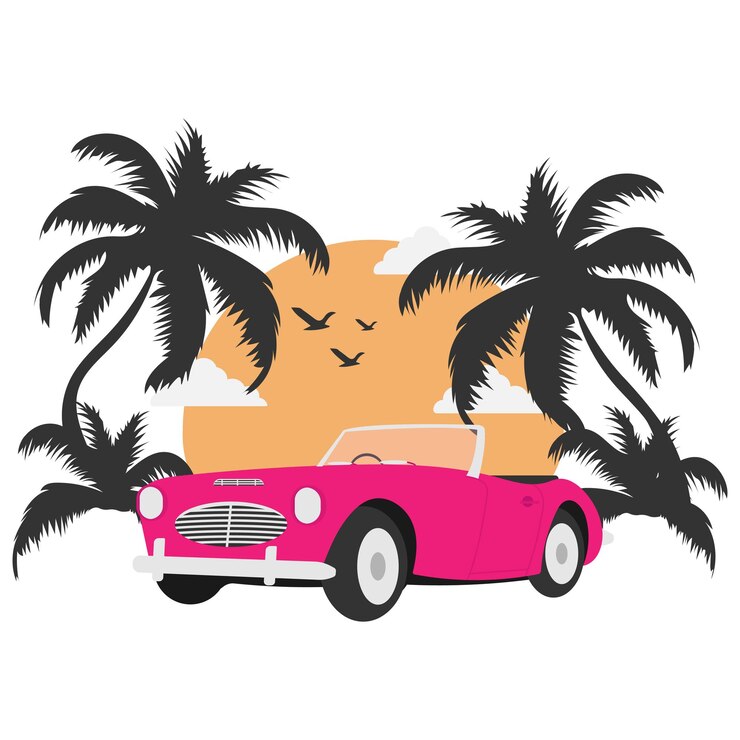 Vector vintage car on sunset with palm silhouette summer vacation vector illustration for flyer poster