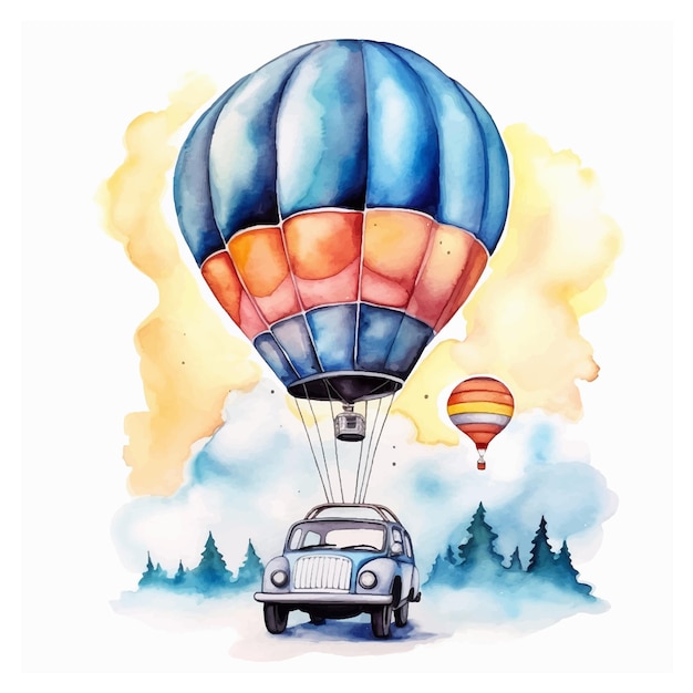 Vintage car with a hot air balloon watercolor painting