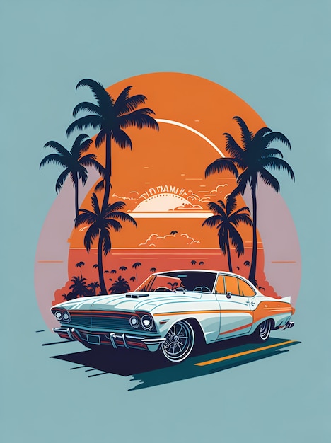 A vintage car with a sunset in the background