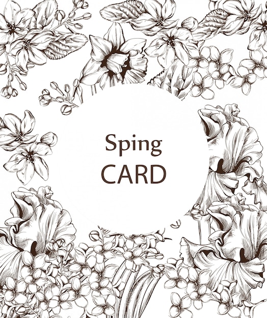 Vector vintage card with flowers line art