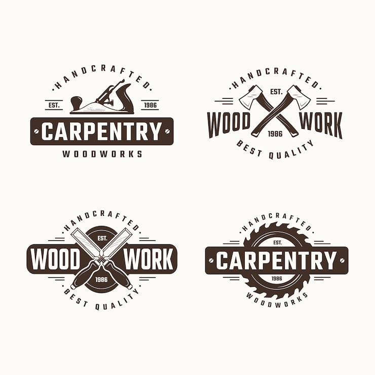 Vector vintage carpentry woodworking logo with handplane chiesel circulat saw blade and axe