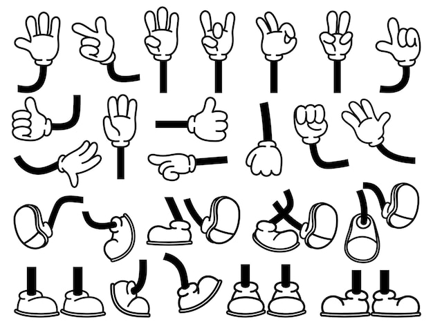 Vector vintage cartoon hands in gloves and feet in shoes. cute animation character body parts. comics arm gestures and walking leg poses vector set