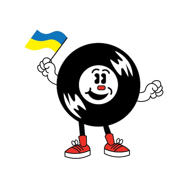 vintage cartoon mascot of a vinyl disk holding a flag of Ukraine