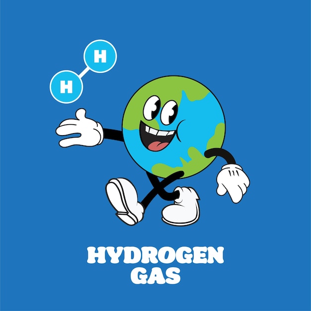Vector vintage cartoon planet earth mascot holding a molecule of a hydrogen gas