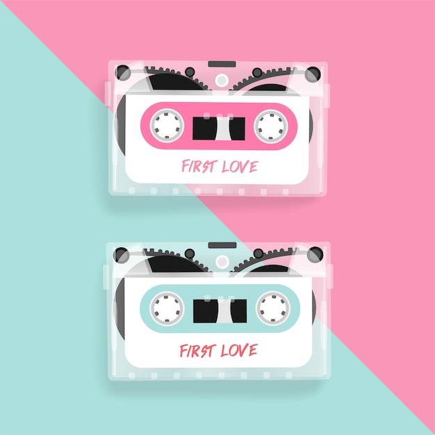 Vector vintage cassette tape on pink and blue pastel surface.