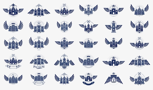 Vector vintage castles vector logos or emblems heraldic design elements big set classic style heraldry architecture symbols antique forts and fortresses