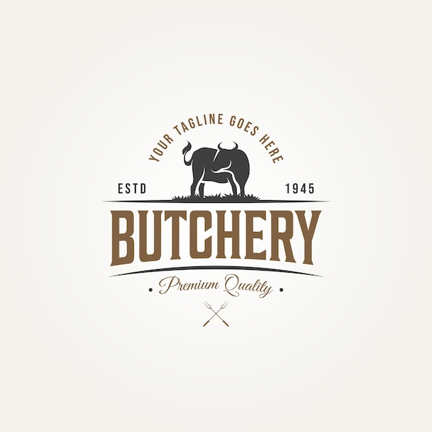 Bovini d'epoca angus bistecca di manzo macelleria e negozio di carne classico logo retrò modello illustrazione vettoriale design