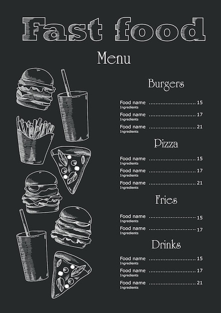 Vintage chalk drawing fast food menu. Fast food restaurant menu board vector template.