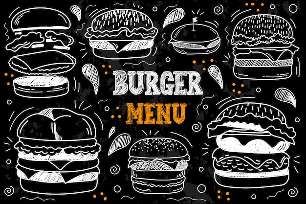 Vector vintage chalk drawing fast food menu. vector set of fast food.
hamburger, cheeseburger, meat cutlet, mustard, tomato, cheese, onion