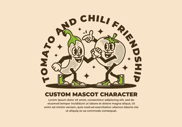 Vector vintage character design of tomato and chili