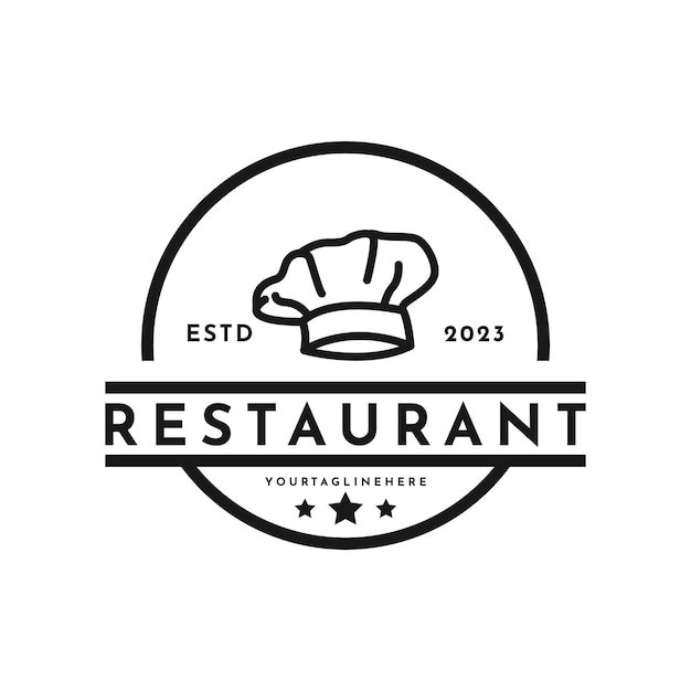 Vintage chef hat symbol and restaurant retro logo design with hipster drawing style