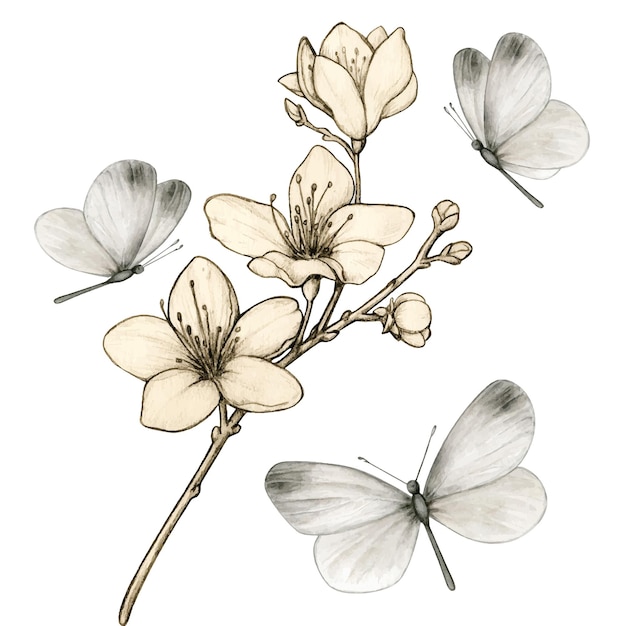 Vintage cherry blossom branch surrounded by gray butterflies