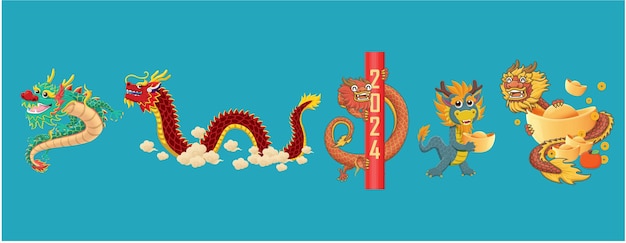 Vector vintage chinese new year poster design with dragon set