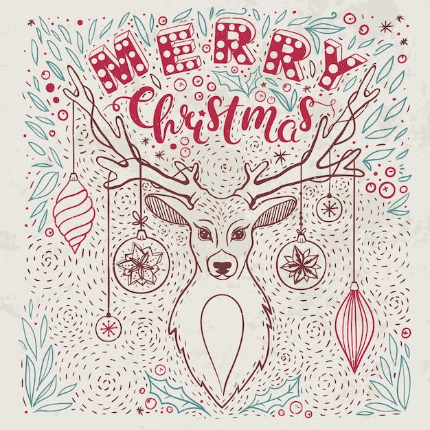 Vintage christmas card with hand drawn deer and lettering vector greeting card for christmas