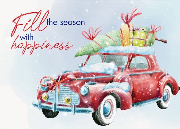 Vintage christmas card with retro car