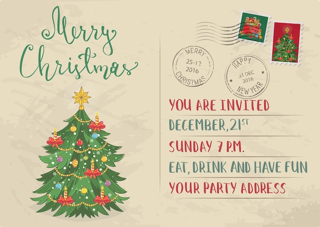 Vintage christmas invitation with postage stamps