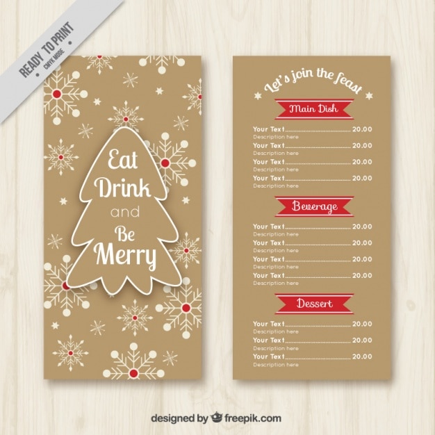 Vector vintage christmas menu sjabloon met sneeuwvlokken en kerstboom