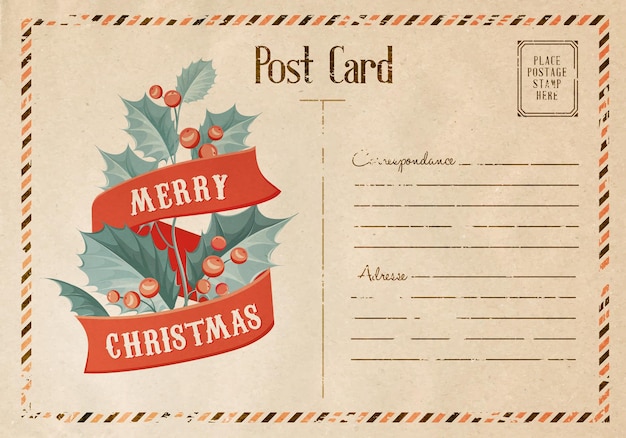 Vector vintage christmas mistletoe card with ribbon text.