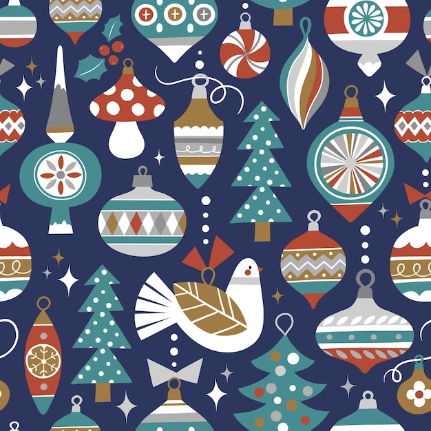 Vintage Christmas ornaments seamless vector background.