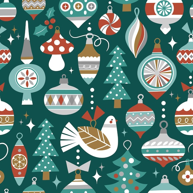 Vintage Christmas ornaments seamless vector background.