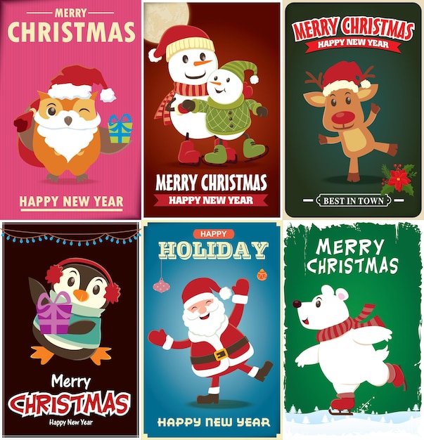 ビンテージ クリスマス ポスター デザイン セット