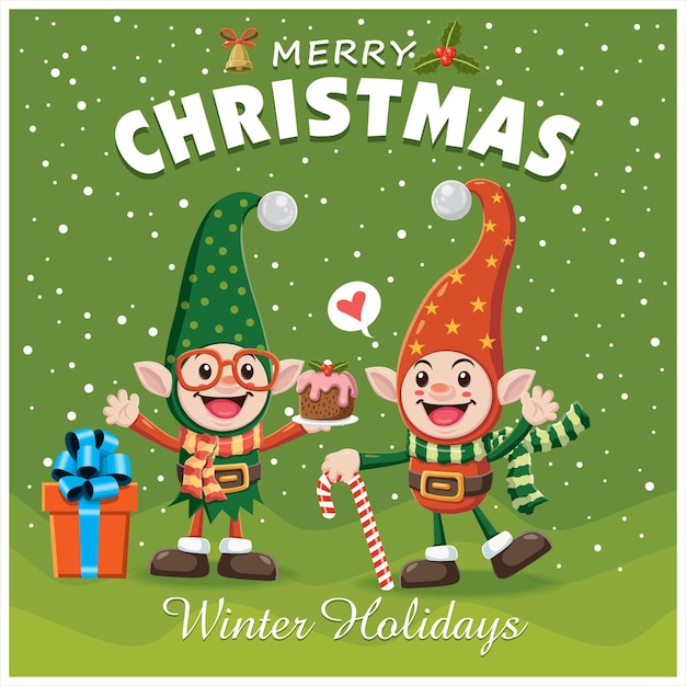Vintage christmas poster design with christmas elf characters