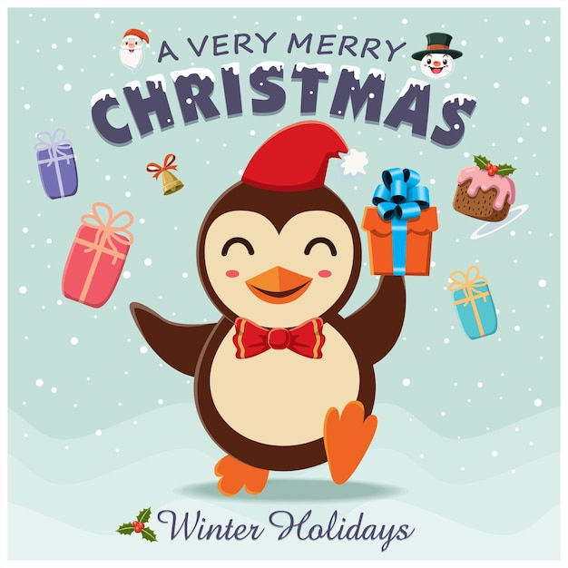 Vintage christmas poster design with penguin characters